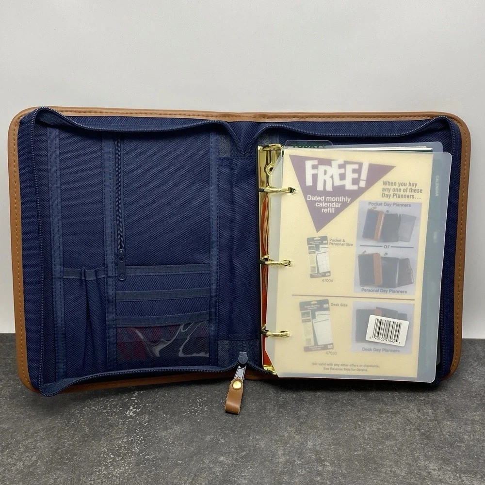 Vintage 90's Cambridge 47062 Blue Canvas Tan Planner Organizer 3 Ring Binder